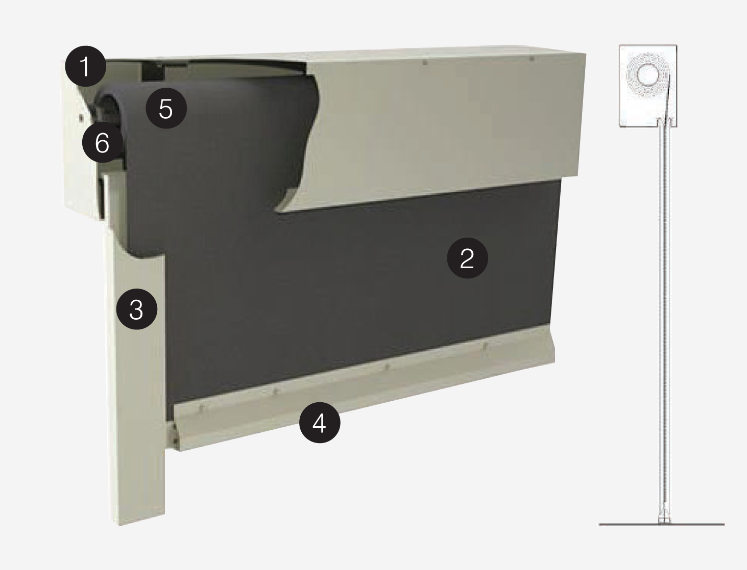 Cutaway view of a vertical fire curtain